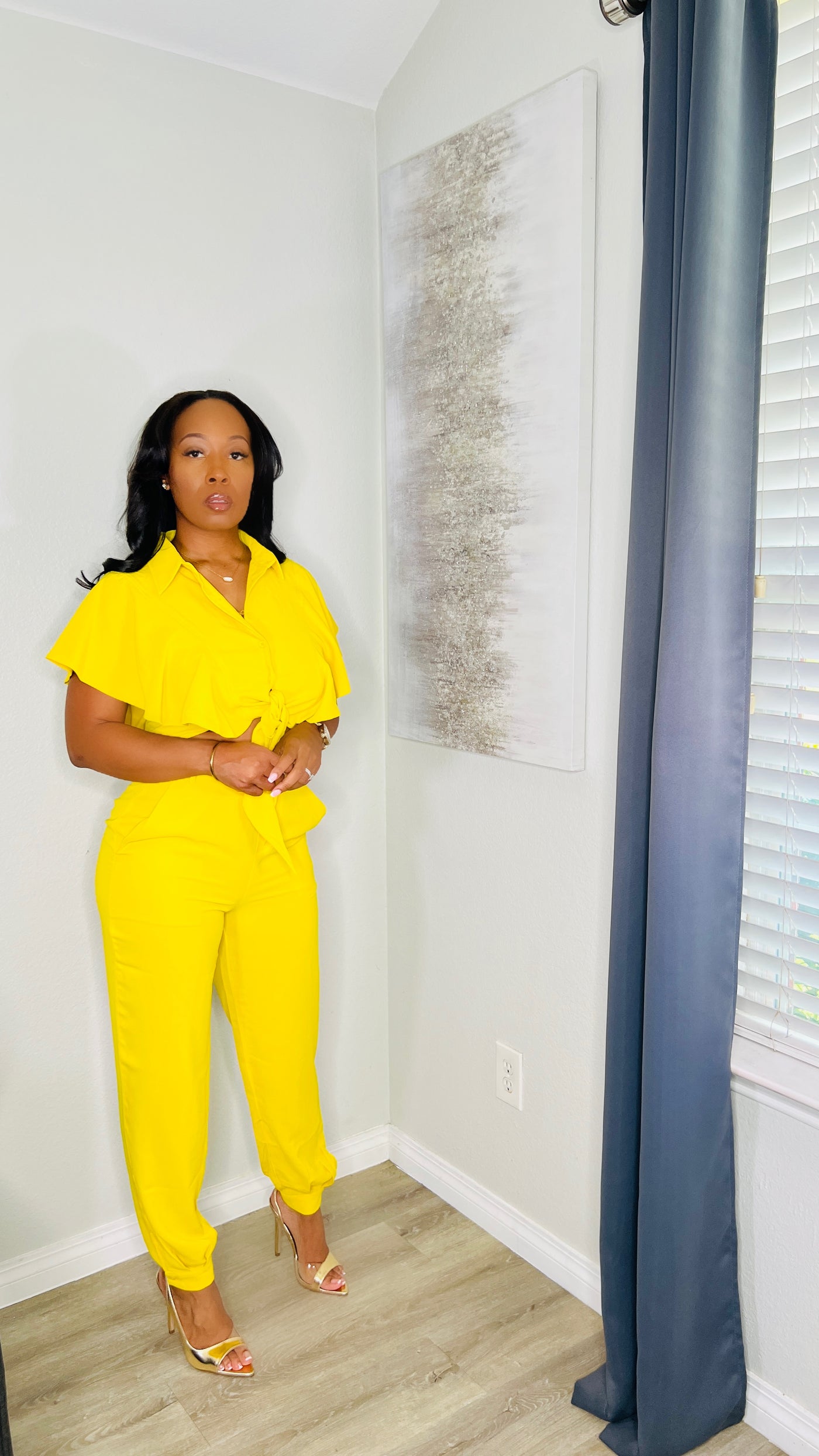 Mia Pant Set in yellow, featuring a stylish collar, V-neck design, and high-waisted pants with cuffed ankles.