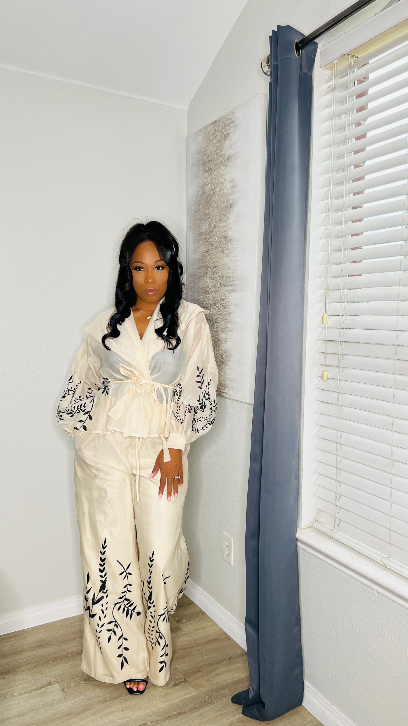 Close-up of the minimal stretch print design on The Classic Pant Set