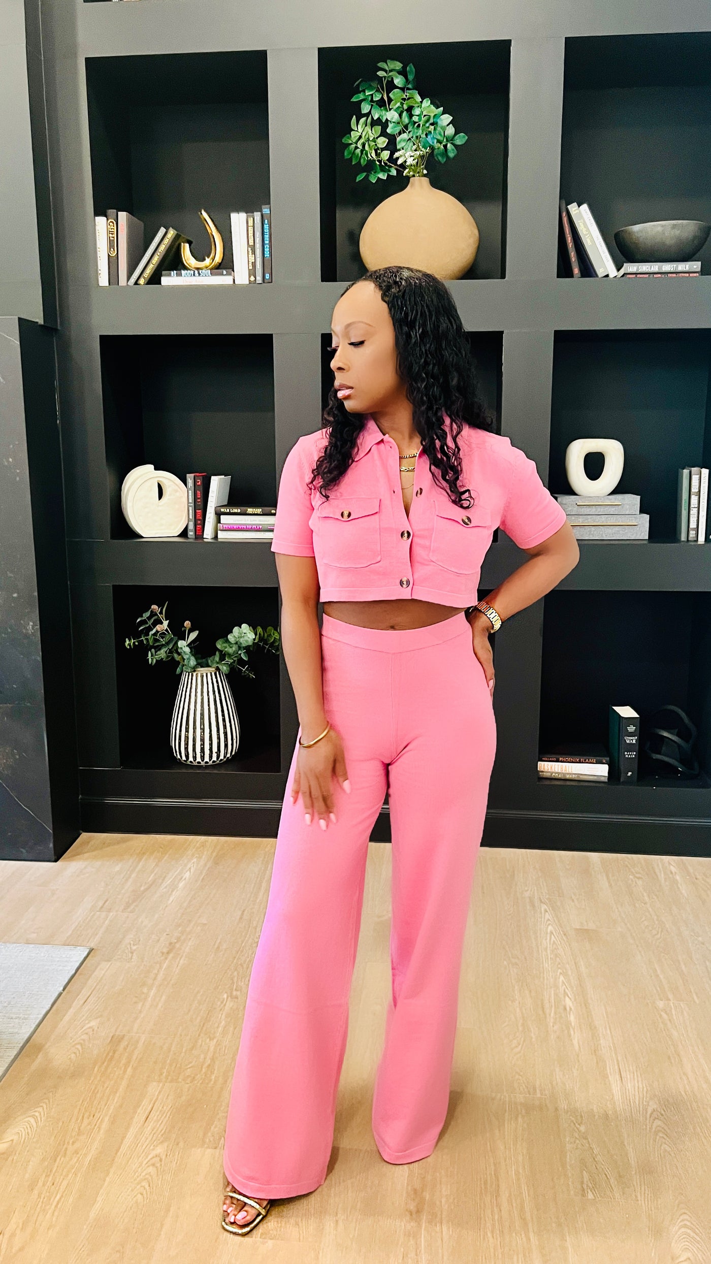 Pinky Baby Pant Set featuring a button collar neck, half sleeves, and a cropped top in pink.