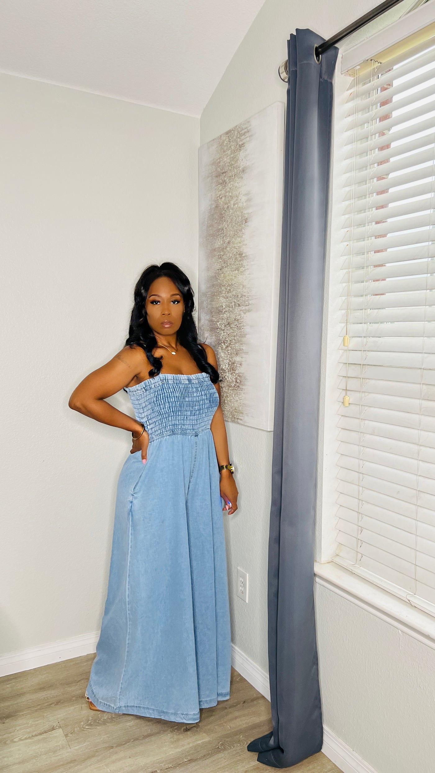 Model wearing the My Way Denim Jumpsuit, showcasing the oversized wide-leg design. 